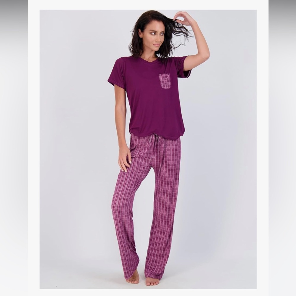 Real Essentials x Amazon Plaid Comfy Pajama Set Loungewear Soft Flare Leg